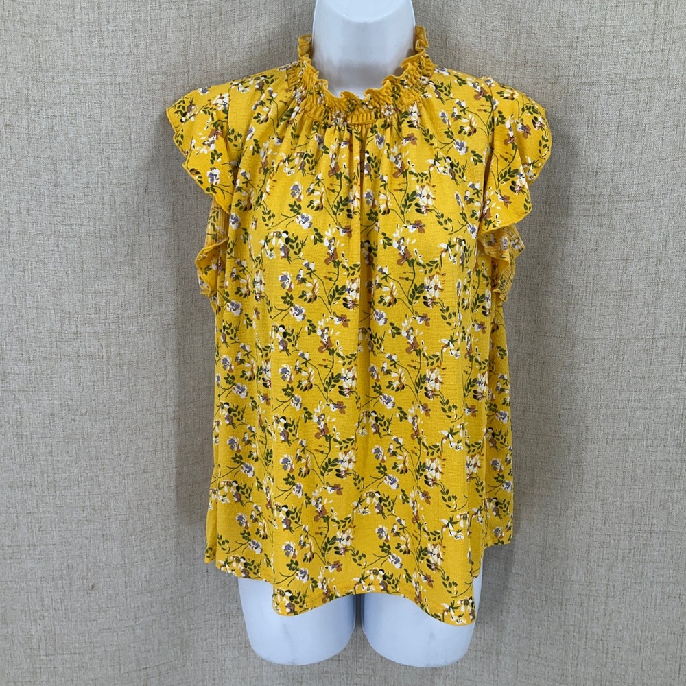 Melloday Blouse Women M Yellow Floral Smocked Mock Neck Ruffle Boho Top